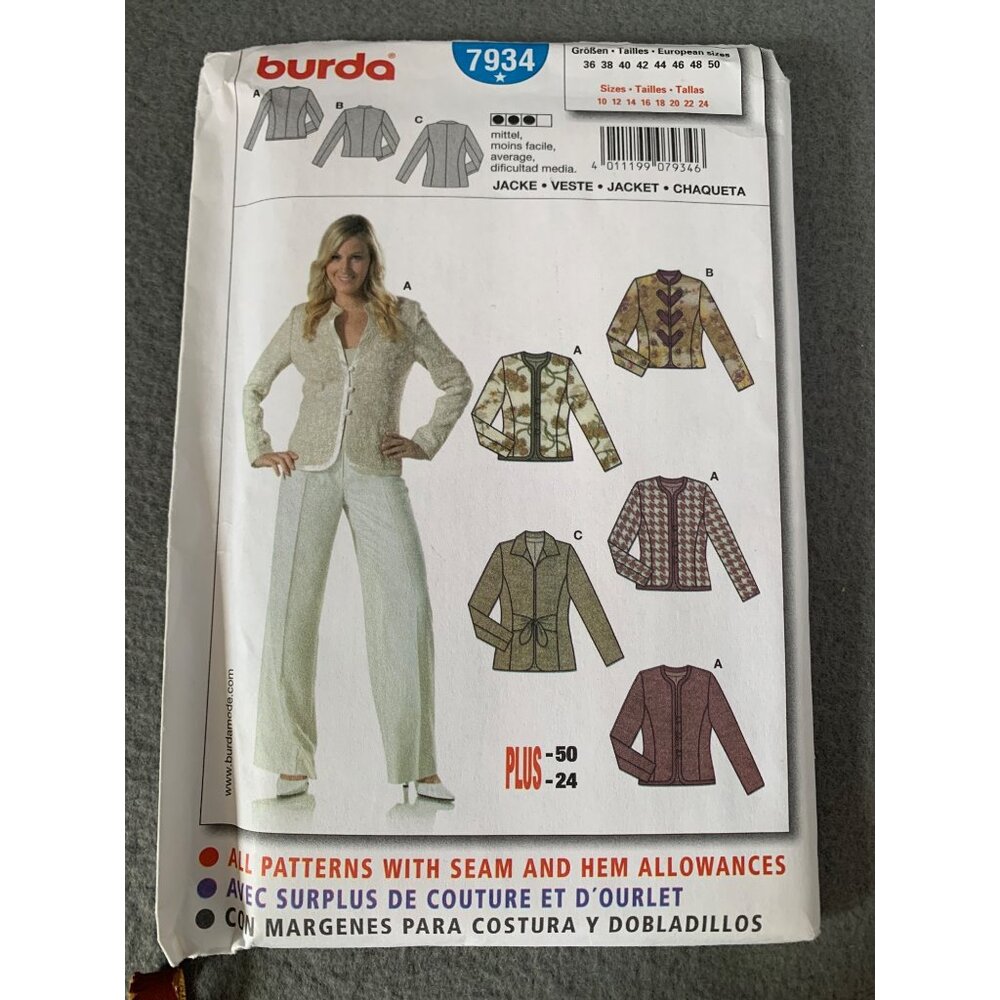 Burda A7934 Jacket Sewing Pattern Size 10 12 14 16 18 20 22 24 uncut